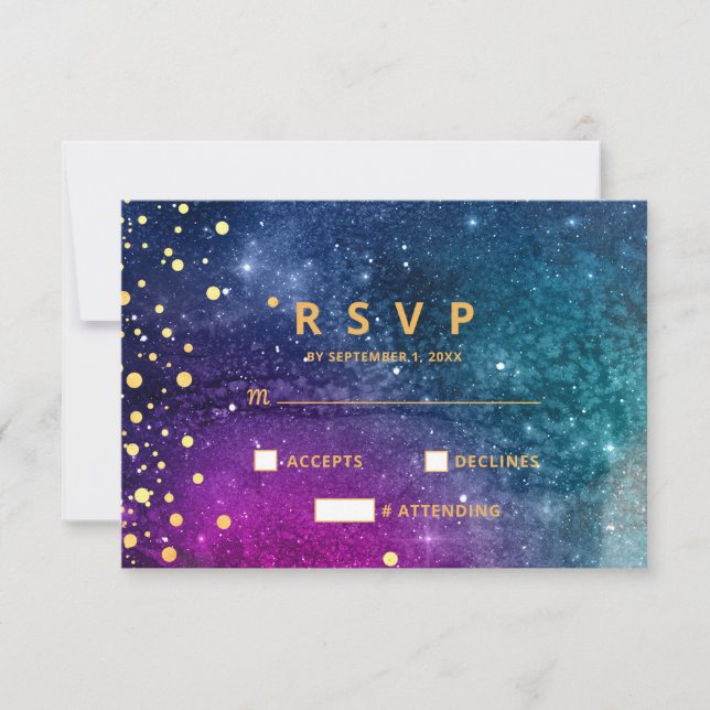 Cartão RSVP Casamento Dourado de Aquarela Azul de Peacock Mode (Frente)