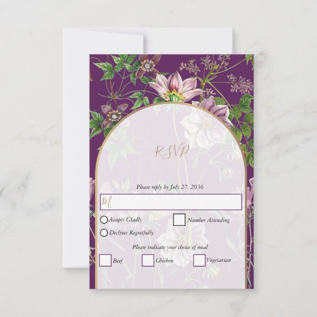 Cartão RSVP Casamento Dourado de Arca com Verde Floral Roxo (Frente)