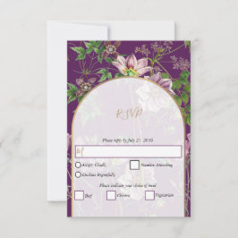 Cartão RSVP Casamento Dourado de Arca com Verde Floral Roxo