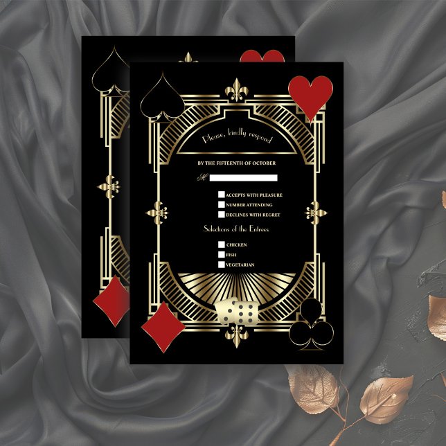 Cartão RSVP Casamento Dourado de Arte Negra Deco Roaring 20 (Criador carregado)