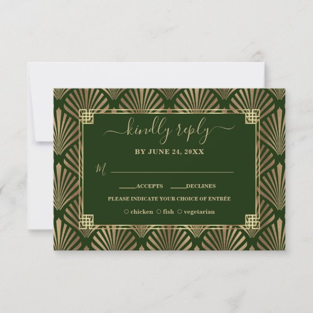 Cartão RSVP Casamento Dourado de Arte Verde Escura Luxuosa (Frente)