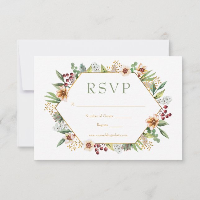 Cartão RSVP Casamento Dourado de Autumn Wildflower Watercolor (Frente)