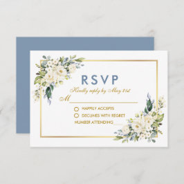 Cartão RSVP Casamento Dourado de Azul com Dusta Azul Branco e