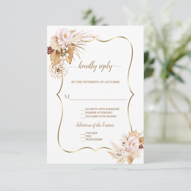 Cartão RSVP Casamento Dourado de Blush Rosa Palm Pampas Grass (Em pé/Frente)