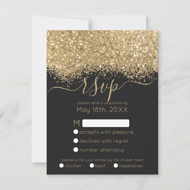 Cartão RSVP Casamento Dourado de Brilhante Negra Confetti, mod (Frente)