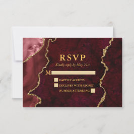 Cartão RSVP Casamento Dourado de Burgundy Marble Agate Geode