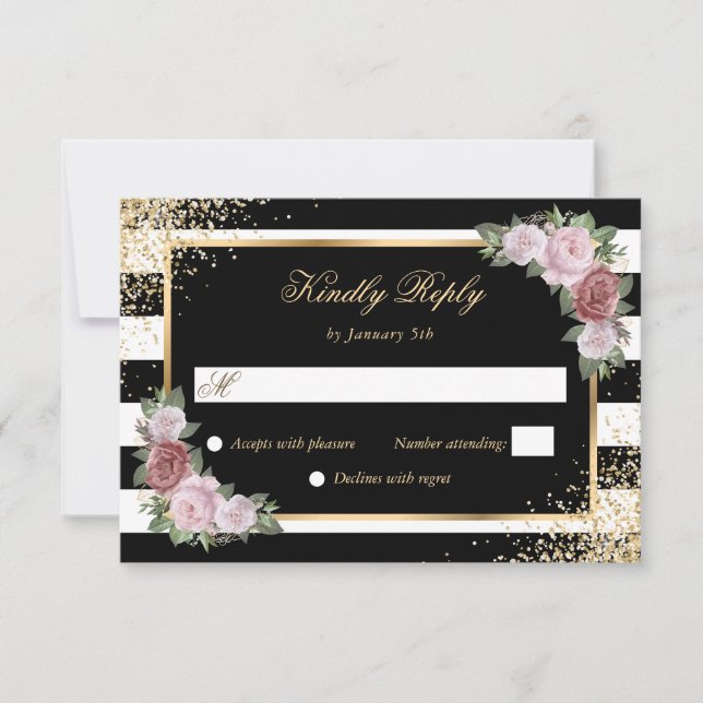 Cartão RSVP Casamento Dourado de Confetti Floral Blush Black W (Frente)