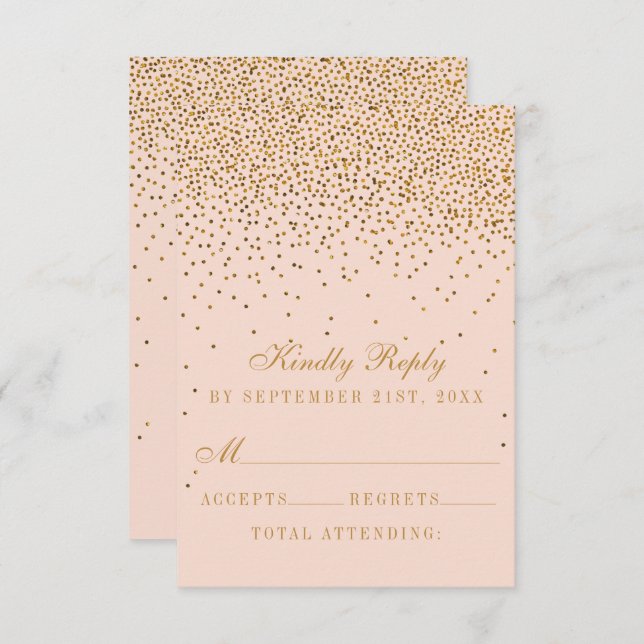 Cartão RSVP Casamento Dourado de Confetti Rosa e Glam Blush (Frente/Verso)