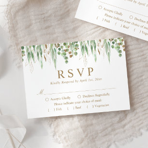 Cartão RSVP Casamento Dourado de Cores de Água em Verde Botâ