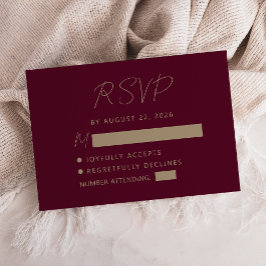 Cartão RSVP Casamento Dourado de Escrita Manual Burgundy
