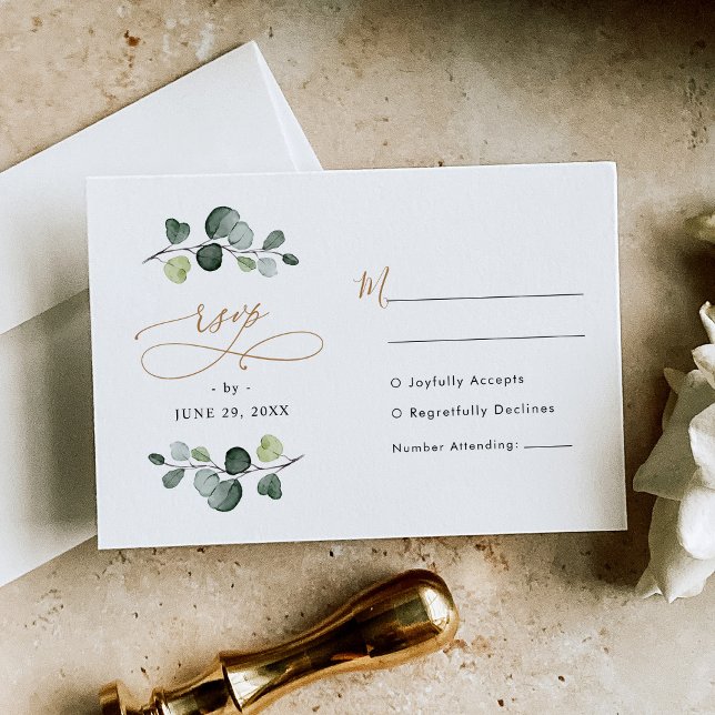 Cartão RSVP Casamento Dourado de Eucalyptus com Aquarela Moder (Criador carregado)