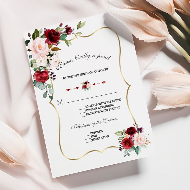 Cartão RSVP Casamento Dourado de Flores de Blush com Borgonha  (Criador carregado)