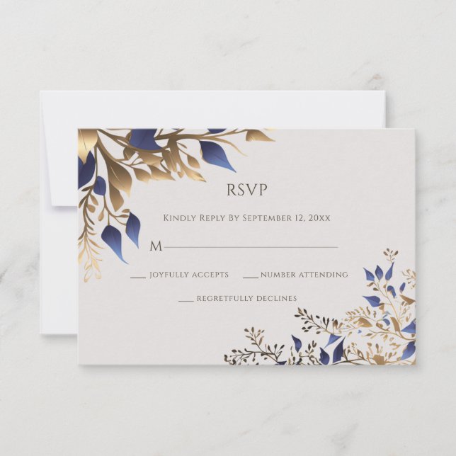 Cartão RSVP Casamento Dourado de Folha Azul Elegante (Frente)