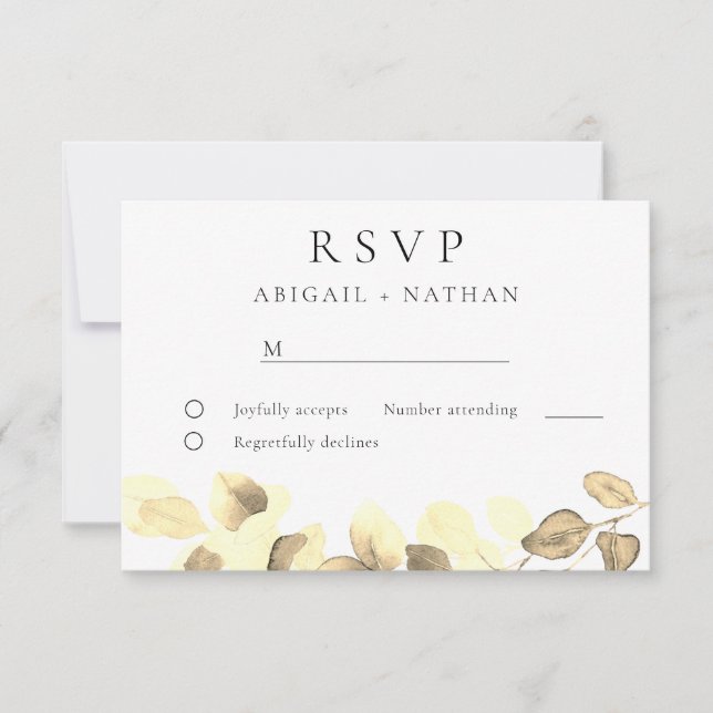 Cartão RSVP Casamento Dourado de Folha Moderno Elegante (Frente)
