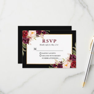 Cartão RSVP Casamento Dourado de Frame Preto com Borgonha Flor