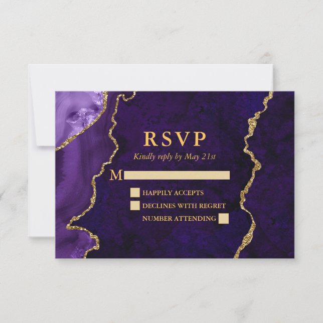 Cartão RSVP Casamento Dourado de Geodo de Agato de Marble Púrp (Frente)