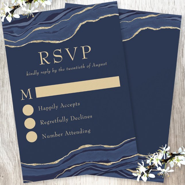 Cartão RSVP Casamento Dourado de Glitter de Agato Azul-marinho (Criador carregado)