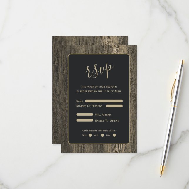 Cartão RSVP Casamento Dourado de grãos de madeira (Frente/Verso In Situ)