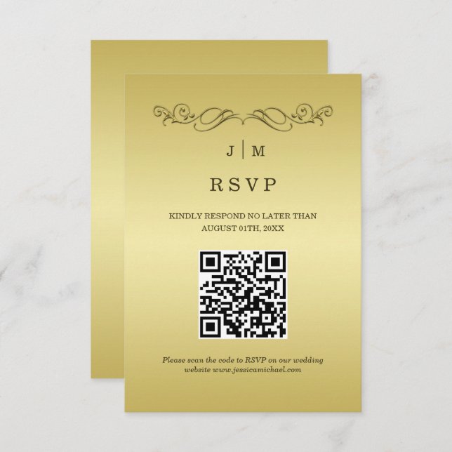 Cartão RSVP Casamento Dourado de luxo elegante (Frente/Verso)