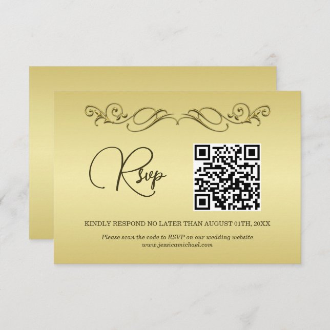 Cartão RSVP Casamento Dourado de luxo elegante (Frente/Verso)