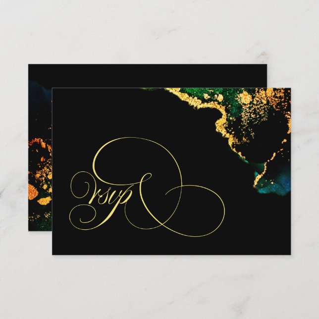 Cartão RSVP Casamento Dourado de Luxury Black Emerald (Frente/Verso)
