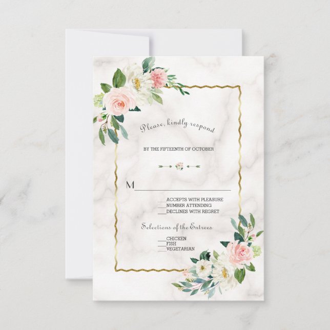 Cartão RSVP Casamento Dourado de mármore com flores de pincel  (Frente)