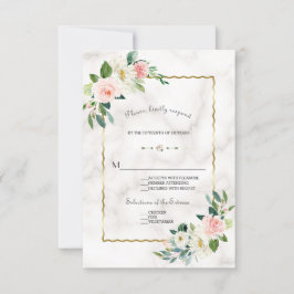 Cartão RSVP Casamento Dourado de mármore com flores de pincel