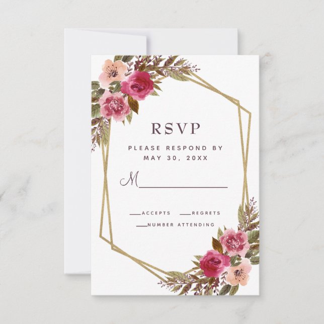 Cartão RSVP Casamento Dourado de Moldura  Púrpura Rosa-Cor-de- (Frente)