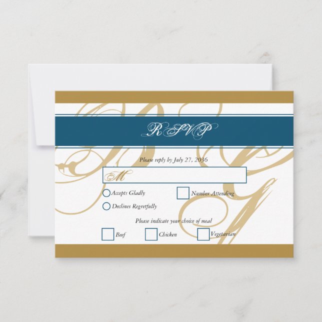 Cartão RSVP Casamento Dourado de Monograma de Script Elegante  (Frente)