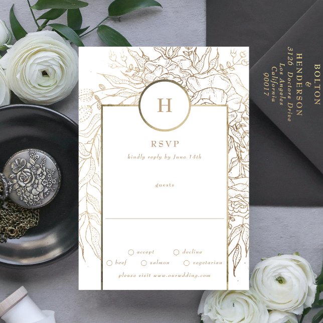 Cartão RSVP Casamento Dourado de Monograma e Verruga Premium (RSVP showcasing suite - additional items (bought separately))