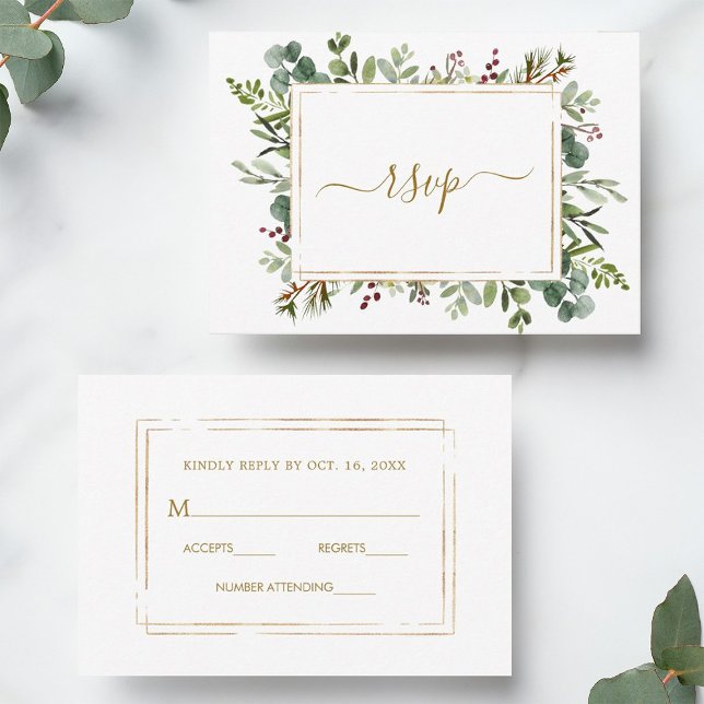 Cartão RSVP Casamento Dourado de Natal de Greenery Botânico (Front & Back)