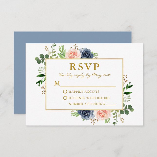Cartão RSVP Casamento Dourado de Rosas de Aquarela Azul-Rosa D (Frente/Verso)