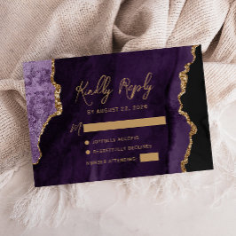Cartão RSVP Casamento Dourado de Script Agate Roxo