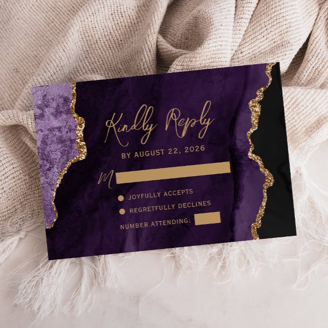 Cartão RSVP Casamento Dourado de Script Agate Roxo (Criador carregado)