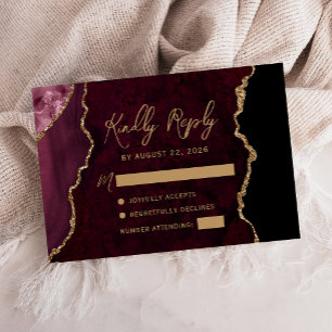Cartão RSVP Casamento Dourado de Script Agate Vermelho Burgund