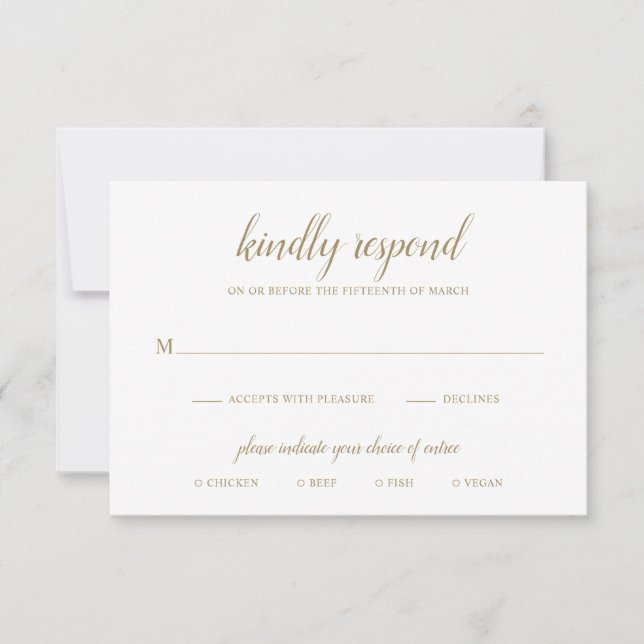 Cartão RSVP Casamento Dourado de Script Formal Simples Elegant (Frente)