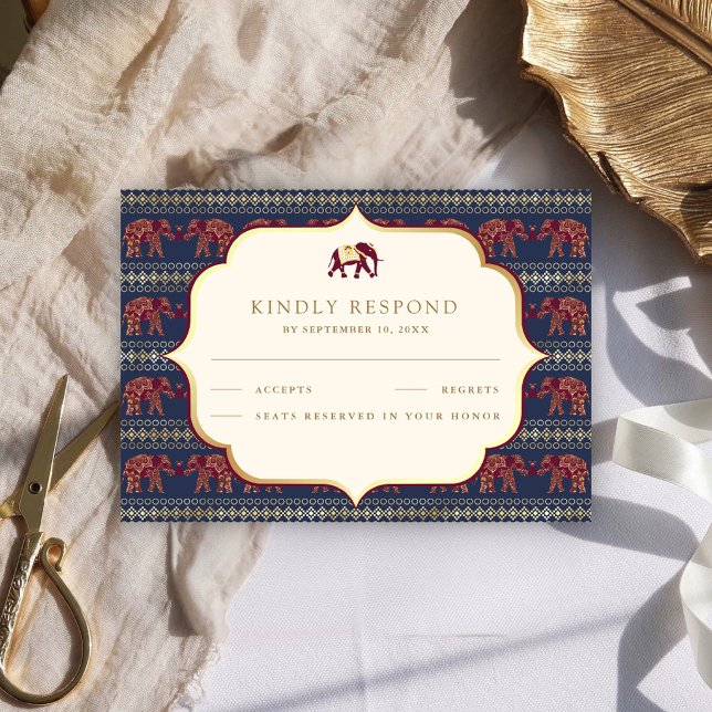 Cartão RSVP Casamento Dourado do Elefante Azul-Burgundy (Criador carregado)