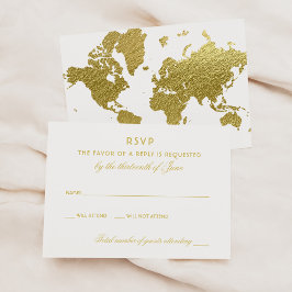 Cartão RSVP Casamento Dourado do Mapa Mundial Elegante