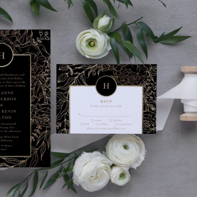 Cartão RSVP Casamento Dourado do Monograma de Elegante Negro (RSVP showcasing suite - additional items (bought separately))