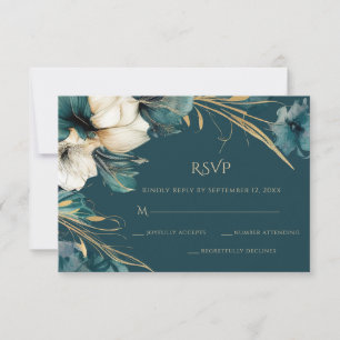 Cartão RSVP Casamento Dourado do Teal Floral Elegante Greenery