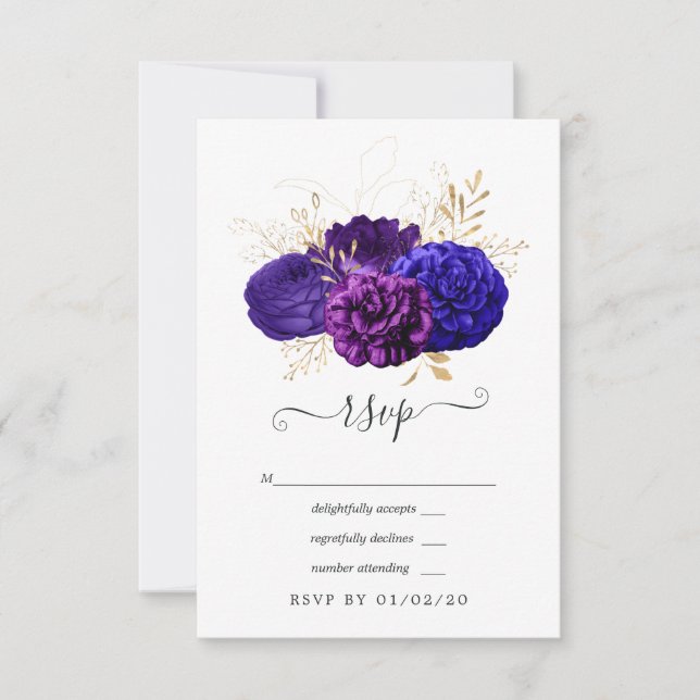 Cartão RSVP Casamento Dourado e azul-roxo (Frente)