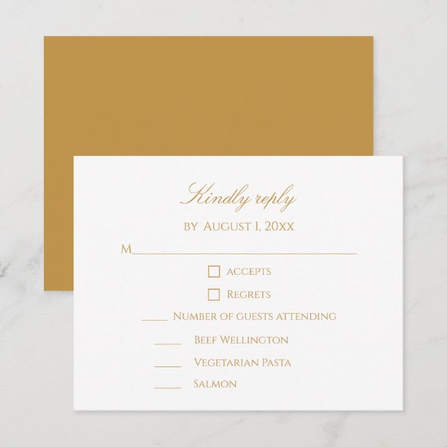 Cartão RSVP Casamento Dourado e Branco de Script Moderno e Ele (Frente/Verso)