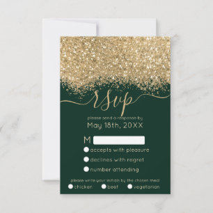Cartão RSVP Casamento Dourado e de Lúpulo Verde com Confetti
