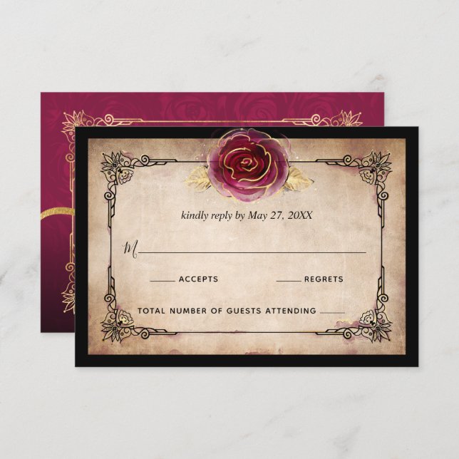 Cartão RSVP Casamento Dourado e Negro da Burgundy Elegante (Frente/Verso)
