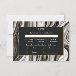 Cartão RSVP Casamento Dourado e negro elegante de mármore
