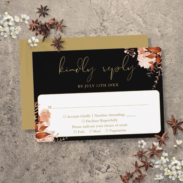 Cartão RSVP Casamento Dourado E Negro Elegante Floral Russo (Rustic Floral Elegant Black And Gold Wedding RSVP Card)