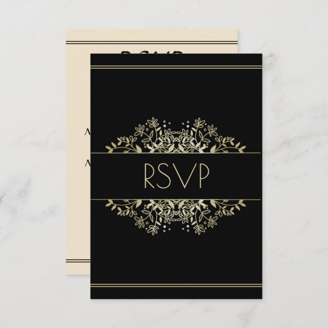 Cartão RSVP Casamento Dourado e negro legante (Frente/Verso)