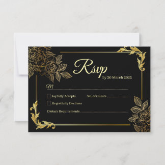 Cartão RSVP Casamento Dourado e negro legante