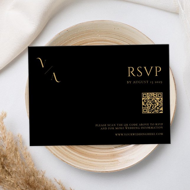 Cartão RSVP Casamento Dourado e Negro Moderno Elegante (Criador carregado)