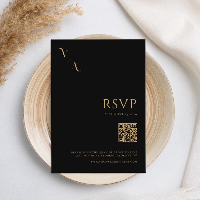 Cartão RSVP Casamento Dourado e Negro Moderno Elegante (Criador carregado)